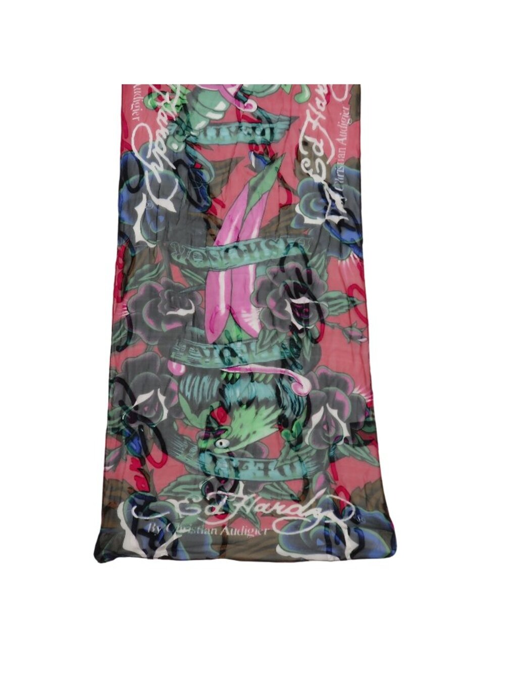 Ed Hardy All Silk Red Green Black Rectangle Scarf Graphic Tattoo Roses Eagle Y2K